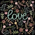 Love sign card on black drop. Colorful nature hand