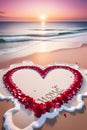 A love sign made of red rose petals on a sandy beach, with pink cotton sunset, seashore, romance, flower, love art, nature, cute