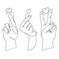 Love Signs with fingers with hearts set,continuous line drawing sketch vector illustration.Hand gestures collection Royalty Free Stock Photo