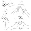 Love signs symbols collection with heart shaped hands,glasses of wine,lettering,korean love sign linear style.Vector