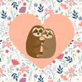 Love Sloth Postcard Vector illustration. Valentine`s day card with cute cartoon sloths in love. Happy couple of animal. Royalty Free Stock Photo