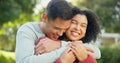 Love, smile and a married couple hugging in the garden of their home together for romance during summer. Spring, dating Royalty Free Stock Photo