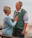 Love, smile and senior couple on balcony of home together with view of nature for romantic getaway. Marriage Royalty Free Stock Photo