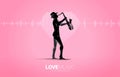 Vector silhouette of saxophonist with Sound wave heart icon Music Equalizer background.