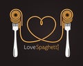 Love spaghetti concept. Pasta with fork on black background