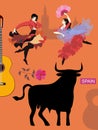 Love Spain, drawing symbols of Spain. Decorative poster. Black toro, flamenco dancers, flower, guitar, silhouette of building