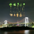 Love sparkle Fireworks celebrating over Tokyo Rainbow Bridge at Royalty Free Stock Photo