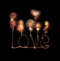 Love sparkler firework light alphabet with fireworks