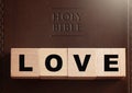 Love Spelled in Blocks on a Leather Holy Bible