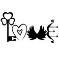 Word love written with different Valentine\'s Day elements. Love lettering design. Black and White.