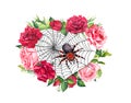 Love spider in web at floral heart with red and pink roses. Creepy Valentines day illustration. Watercolor scary gothic