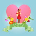Love, spring, valentine day with two enamored undera love heart with flowers in the spring season vector illustration.
