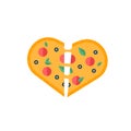 Love sticker with heart pizza. Love pizza icon. Romantic elements of valentine`s menu. Valentines day icon with symbols of true