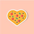 Love sticker with heart pizza. Love pizza icon. Romantic elements of valentine`s menu. Valentines day icon with symbols of true