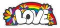 Love sticker with rainbow and flowers. Bright hippie patch Royalty Free Stock Photo