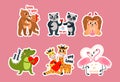 Love stickers with cute animals. For you and forever, love yourself. Funny animal romantic relationship, valentines day Royalty Free Stock Photo