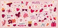 Love stickers. Cute valentine day icons, sweet hearts for party or diary decor, happy pink elements, fun hand doodles