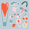 Love stickers. Signs, symbols, items and templates for planners, wedding invitations, notebooks, diaries, and Valentine`s Day