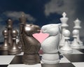 Love story on a Chessboard. Two horses with a a pink heart. Royalty Free Stock Photo