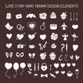 Love story hand drawn design elements doodle set. Vector vintage illustration. Royalty Free Stock Photo