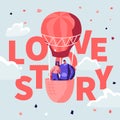 Love Story Poster with Loving Happy Couple of Young Man and Woman Stand in Basket of Air Balloon Flying in Cloudy Sky