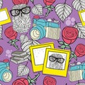 Love story seamless pattern with smart owls and old photos.