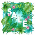 Tropical plant background with leaves of bananas and palm trees. Vector Isolated Layers. Summer exotic design for invitations, pos