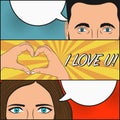 Love story of woman and man. Design of comic book page with blank speech bubbles for text and hand gesture - heart. Vector.