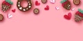 Love Strawberry And Chocolate, Donut. Valentines Day Greeting Card. Hearts Paper Cut Style. Sweet Dessert, Choco Candy