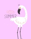 Love summer. cartoon flamingo, hand drawing lettering, decor elements. Summer colorful vector illustration, flat style.