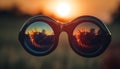 Love in the sunset, heart shaped sunglasses reflect nature beauty generated by AI