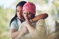 Love, sweet and woman with her mom with cancer hugging, bonding and spending time together. Recovery, chemotherapy and Royalty Free Stock Photo
