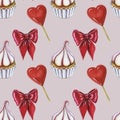 Love and sweets template design. Watercolor pattern whit cupcake, red heart lolipop and red bow on pink background