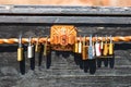 Love symbol, old rusty padlocks hanging on wooden fortress bridge in Alba Iulia, Romania, 2021