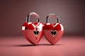 Love symbolism Two heart shaped red padlocks locked together romantically