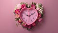 Love Symbolized: Heart-Shaped Clock with Pink Flowers and Romantic Colors. Concept Romantic Decor,