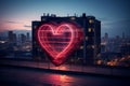 Love symbolized by a red heart neon sign against the cityscape backdrop