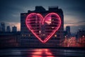 Love symbolized by a red heart neon sign against the cityscape backdrop