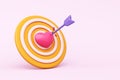 Love target. 3D object arrow in a hot pink heart on the center of a yellow archery target on a pink background. strategy. Royalty Free Stock Photo