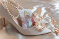 Wedding details of women wardrobe. Tarot cards in shoe