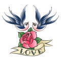 Love Tattoo with Swallows and Rose