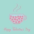 Love teacup with hearts. Happy Valentines Day card. Blue and pink. Flat design.