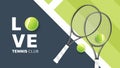 Love tennis club text with tennis racket and tennis ball on  tennis green court background Illustrations for use in online sportin Royalty Free Stock Photo