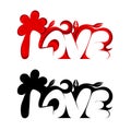 Love text black, red stencil vector template outline print
