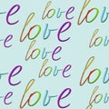Love text on blue background. rainbow letters. Pride pattern. LGBT seamless pattern. Print, packaging design