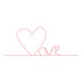 Love text with continuous line drawing of heart isolated on white background, love lettering for greeting card, poster