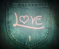 Love text on grunge denim jean background