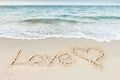 Love Text And Heart Drawn On Sand By Sea Royalty Free Stock Photo