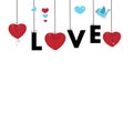 Love text with hearts and blue bird. Retro Valentine`s day greeting card Royalty Free Stock Photo