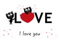 ``love`` text holding cute black lover cats. ``I love you`` text. Happy Valentine`s day greeting card